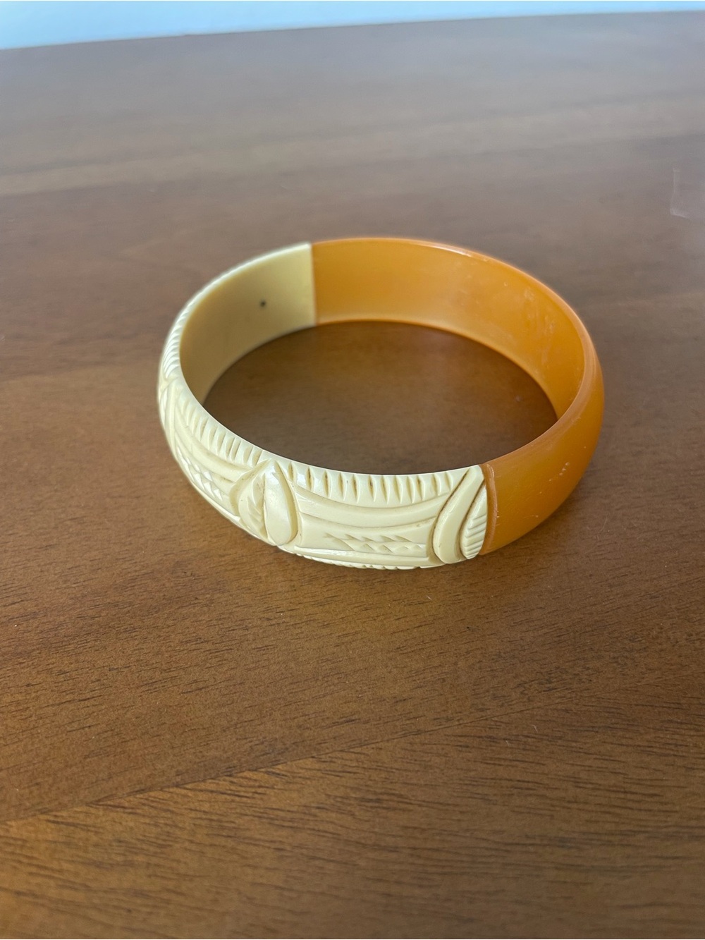 Two-Tone Amber and Cream Carved Resin Bangle Bracelet